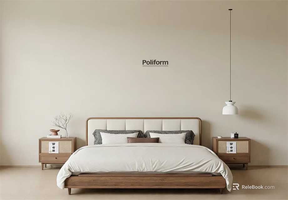 Poliform Double Bed With Wooden Headboard White Bedding Nightstands And Hanging Pendant Light 3d model 