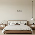 Poliform Double Bed With Wooden Headboard White Bedding Nightstands And Hanging Pendant Light