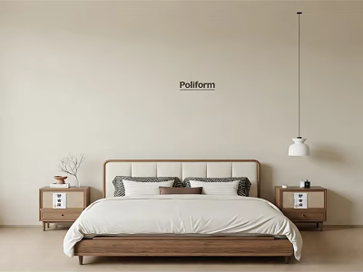 Poliform Double Bed With Wooden Headboard White Bedding Nightstands And Hanging Pendant Light 3d model