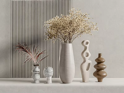 Decorative Dried Flowers in Large White Vase with Various Shaped Colored Vases on Striped Wall 3d model