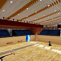 Modern Basketball Gymnasium Interior With Wooden Floor Blue Seats And Lighting