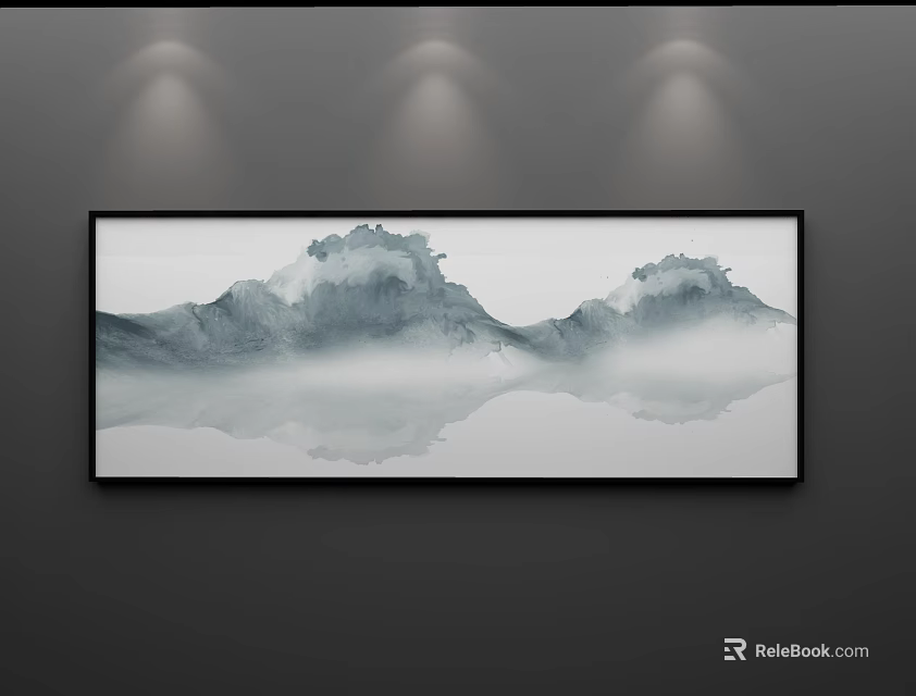 Elegant Minimalist Abstract Painting Featuring Misty Mountains Gray Tones On Wall With Spotlights 3d model 