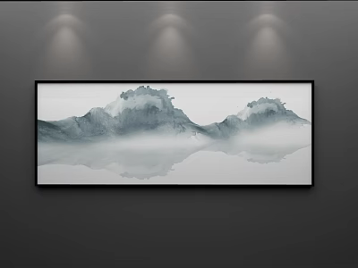 Elegant Minimalist Abstract Painting Featuring Misty Mountains Gray Tones On Wall With Spotlights 3d model