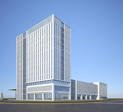 Modern High Rise Office Building With Glass Curtain Wall And Blue Sky 3d model