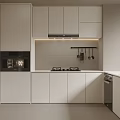 Modern White Kitchen Interior Design With Cabinets Built-in Oven Stove Range Hood And Hanging Utensils
