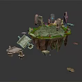 Floating Island Scene With Rock Formations Glowing Crystals Grassy Edge And Broken Wooden Bridge