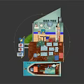 Cartoon Scene with 3D Multi Level Structure Colorful Rooms Staircase Windows and Decorations