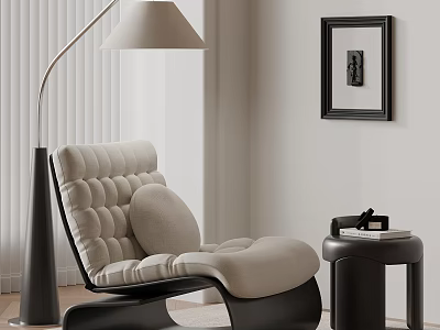 Modern Lounge Chair With Plush Cushion Floor Lamp Framed Art And Side Table In Interior 3d model