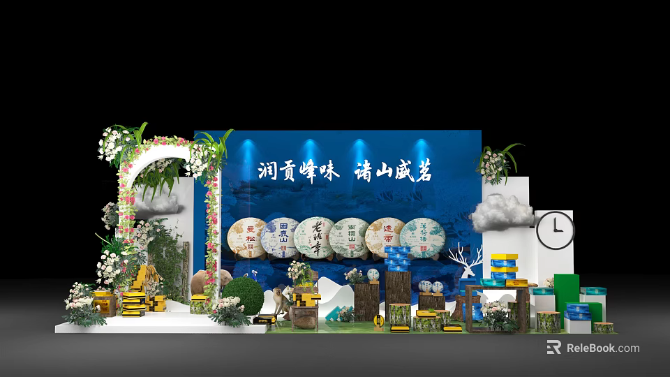 Traditional Tea Exhibition Setup With Blue Backdrop Round Cakes And Mountain Decorations 3d model