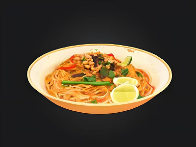 Delicious Garnished Noodle Bowl With Fresh Vegetables Lime Slices And Herbs 3d model
