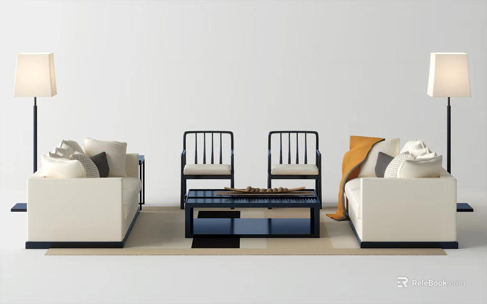 Modern Minimalist Sofa And Coffee Table Set With White Sofas Black Table Throw Pillows And Orange Blanket 3d model