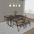 Modern Dining Table Set With Upholstered Chairs Pendant Lights And Vase Plant Near Window Blinds