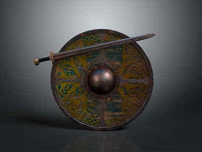 Ancient Medieval Shield With Sword And Ornate Intricate Patterns Metal Boss 3d model