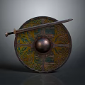 Ancient Medieval Shield With Sword And Ornate Intricate Patterns Metal Boss