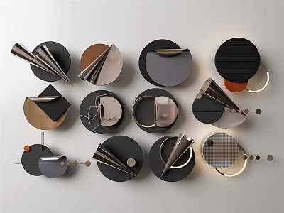 Modern Geometric Wall Decor with Circular Metallic Pieces in Black Gold and Gray Tones 3d model