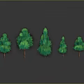 Green Trees with Various Shapes and Brown Trunks on Gray Background with Reflections