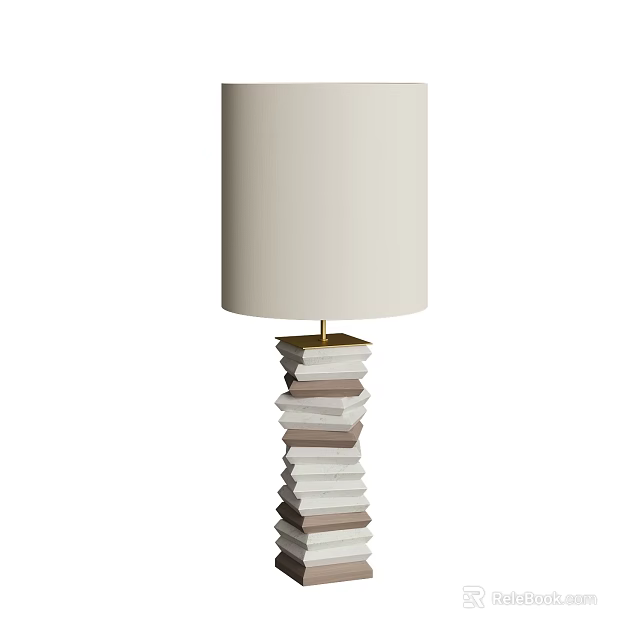 Unique Shaped Table Lamp With Stacked Layered Base And White Cylindrical Lampshade 3d model