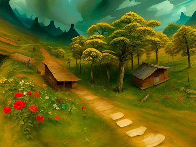 Cartoon Scenery With Rolling Mountains Green Trees Small Houses Stone Path And Colorful Flowers 3d model