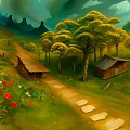 Cartoon Scenery With Rolling Mountains Green Trees Small Houses Stone Path And Colorful Flowers