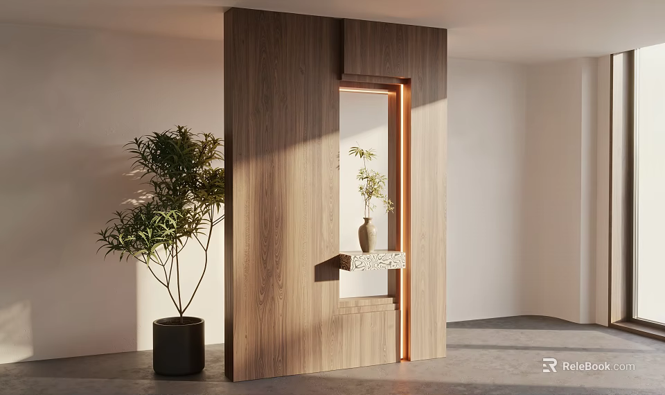 Modern Minimalist Entryway Design With Wooden Partition Green Plant And Vase 3d model 