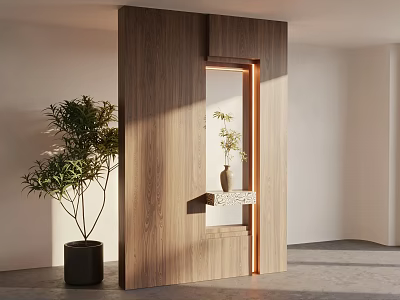Modern Minimalist Entryway Design With Wooden Partition Green Plant And Vase 3d model