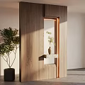 Modern Minimalist Entryway Design With Wooden Partition Green Plant And Vase