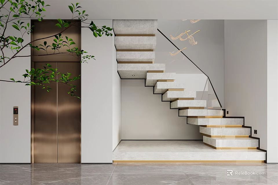 Modern Interior Design With Staircase Glass Railing Elevator And Green Plant 3d model