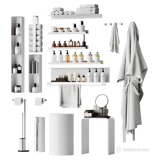Organized Bathroom Washing Essentials With Storage Shelves Towels Toiletries Bottles And Toilet Paper Holder 3d model 