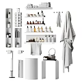 Organized Bathroom Washing Essentials With Storage Shelves Towels Toiletries Bottles And Toilet Paper Holder
