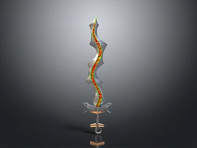 Ornate Curved Sword With Colorful Decorations And Metallic Base Stand 3d model