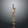 Ornate Curved Sword With Colorful Decorations And Metallic Base Stand