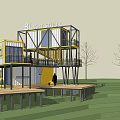 Modern Container Homestay Building With Yellow White Exterior Balconies And Trees