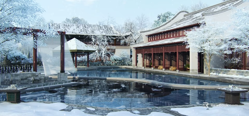 Traditional Chinese Hotel Building Featuring Snowy Courtyard Pool Reflection and Red Pillars 3d model 