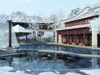 Traditional Chinese Hotel Building Featuring Snowy Courtyard Pool Reflection and Red Pillars 3d model