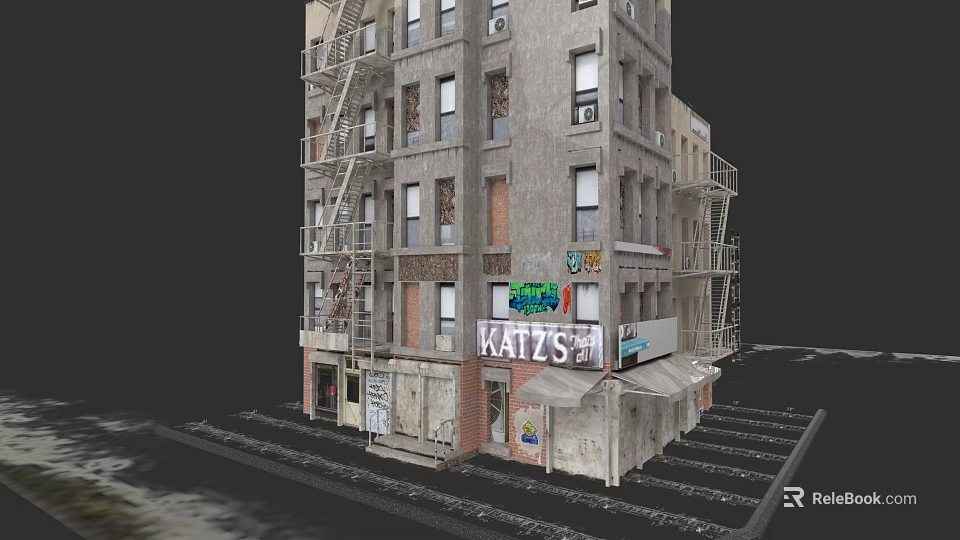 Multi Story Urban Building Complex With Weathered Exterior Fire Escape And Store Signs 3d model 