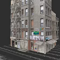 Multi Story Urban Building Complex With Weathered Exterior Fire Escape And Store Signs
