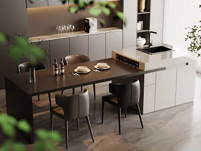 Modern Open Restaurant Dining Area With Kitchen Island Chairs Cabinets And Green Plants 3d model
