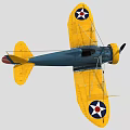 Blue and Yellow Vintage Biplane Fighter Aircraft with U.S. Star Insignia and American Flag Tail