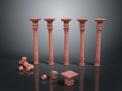 Five Pink Classical Decorative Columns With Small Components And Square Base 3d model