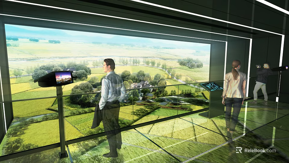 People Enjoying Immersive Large Digital Green Landscape Display On Glass Floor 3d model 