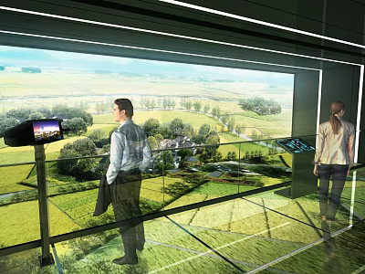 People Enjoying Immersive Large Digital Green Landscape Display On Glass Floor 3d model