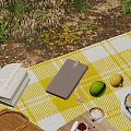 Campsite With Yellow White Checkered Picnic Mat Power Bank Lemons Open Book Coffee And Greenery