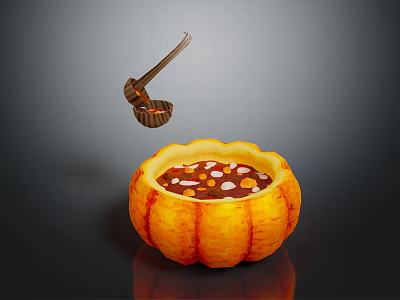 Warm Pumpkin Soup In Pumpkin Shaped Bowl With Seeds And Floating Wooden Spoon 3d model