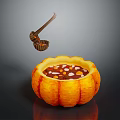 Warm Pumpkin Soup In Pumpkin Shaped Bowl With Seeds And Floating Wooden Spoon
