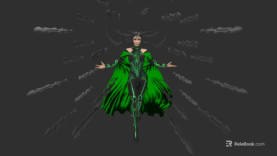 Mystical Game Character in Green Costume With Flowing Cape Arms Outstretched And Floating Dark Fragments 3d model 