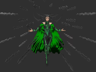 Mystical Game Character in Green Costume With Flowing Cape Arms Outstretched And Floating Dark Fragments 3d model