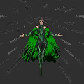 Mystical Game Character in Green Costume With Flowing Cape Arms Outstretched And Floating Dark Fragments