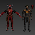 Game Movie Characters In Action Poses With Red Gray Costumes And Weapons