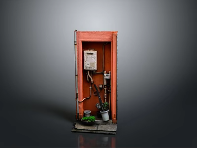 Small Building Structure With Orange Door Electrical Equipment And Potted Plants On Stone Base 3d model