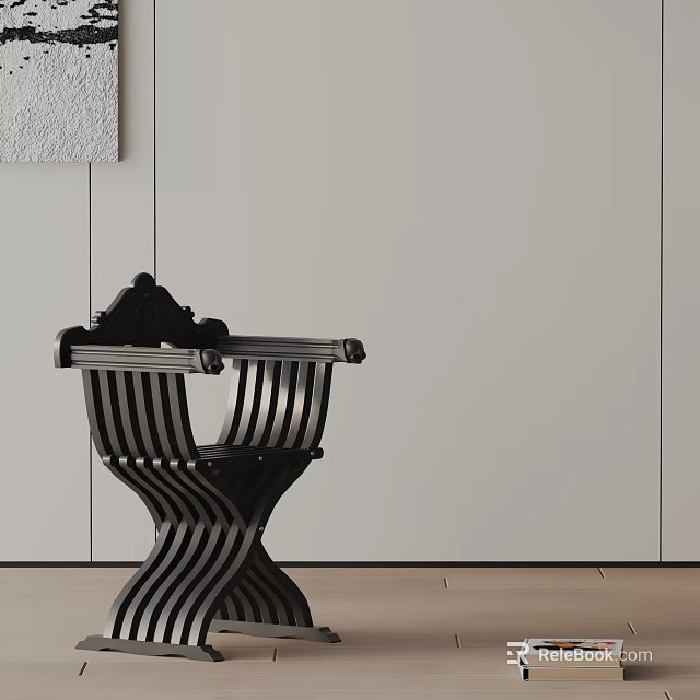Modern Black Dining Chair with Striped Backrest and Seat Against Light Wall and Wooden Floor 3d model 